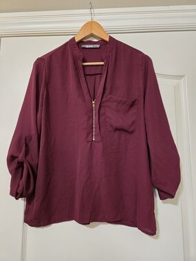 Women’s Burgundy Half-Zip Patch-Pocket Blouse by 2Sable